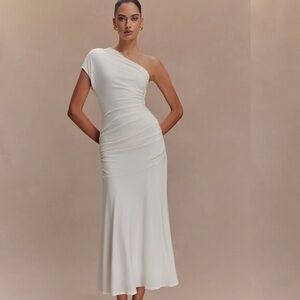 Meshki One-Shoulder White Ruched Midi Dress